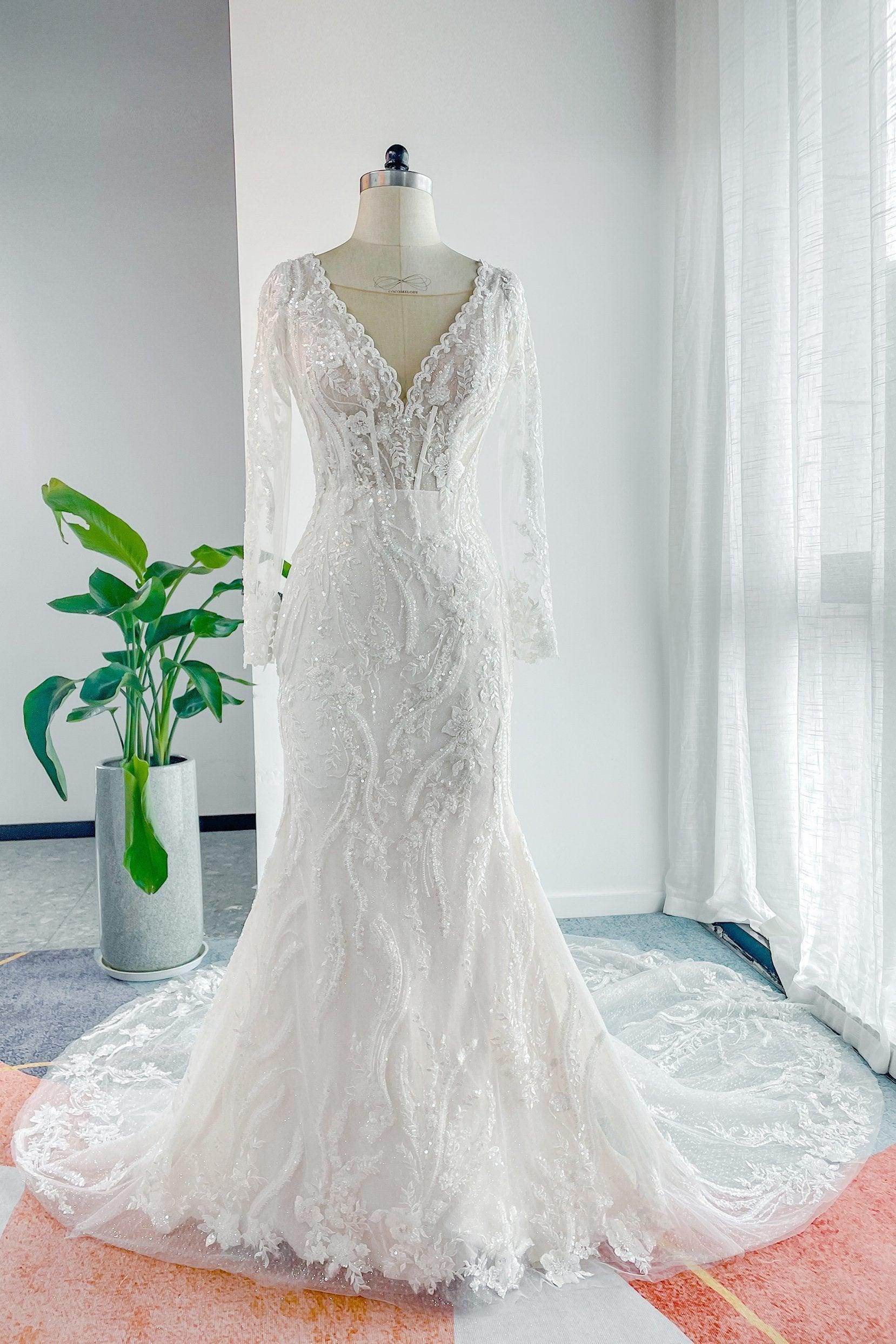 Trumpet-Mermaid Chapel Train Lace Tulle Wedding Dress CW3141 - COCOMELODY